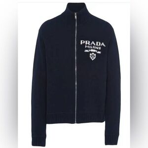 PRADA Intarsia Knit Logo Zip-up Cardigan